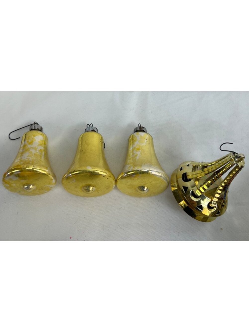 Set Of 4 Vintage Shiny Brite and Jewel Brite Gold Bell Christmas Ornaments